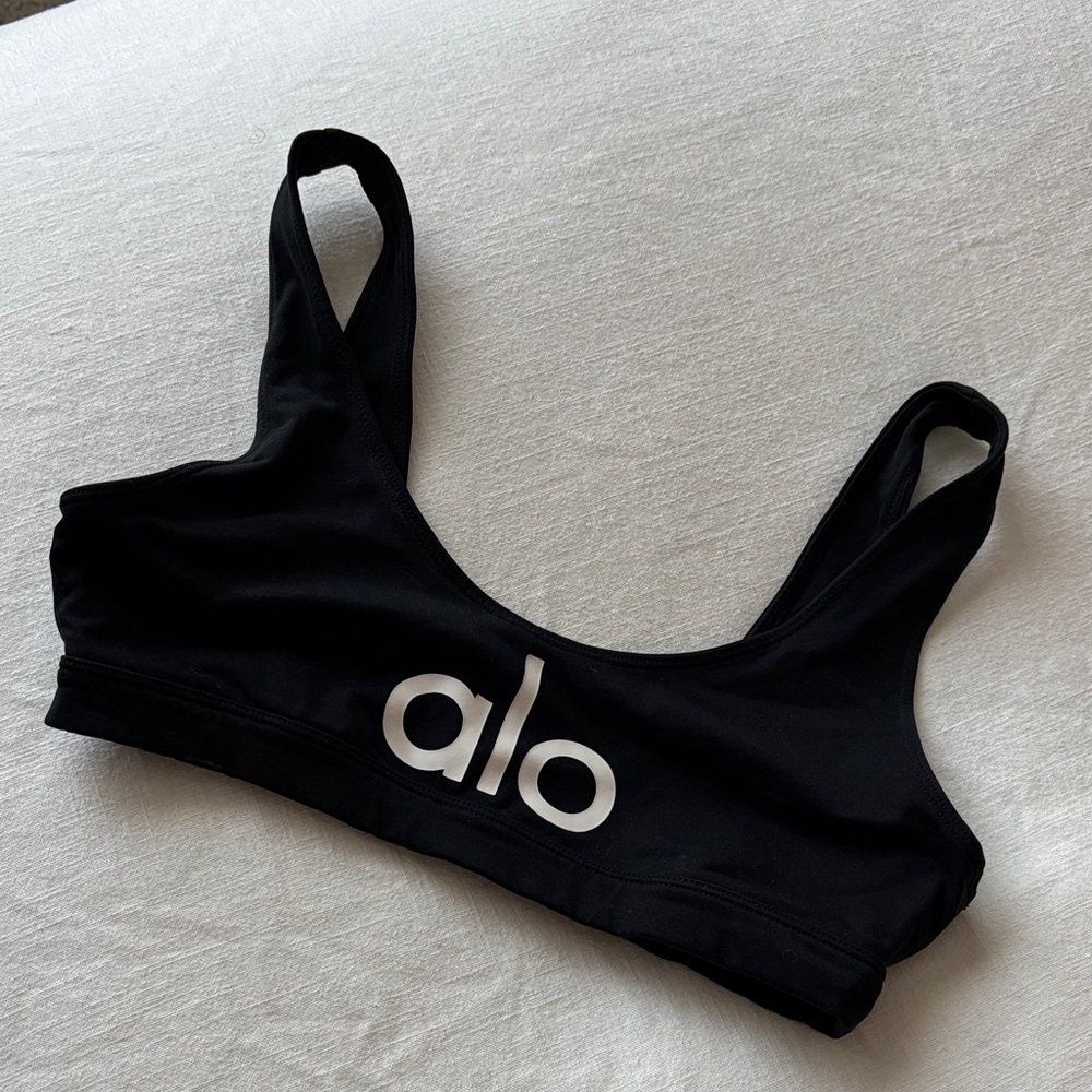 ALO Yoga Black Sports Bra with White Logo